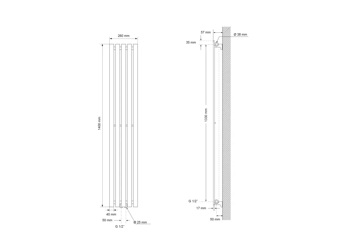 Stella Radiateur design Panneau radiateur Radiateur blanc 260x1400 mm