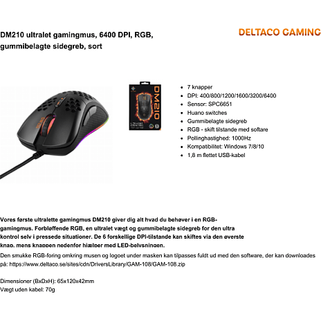 Deltaco DM210 RGB gaming mus - sort