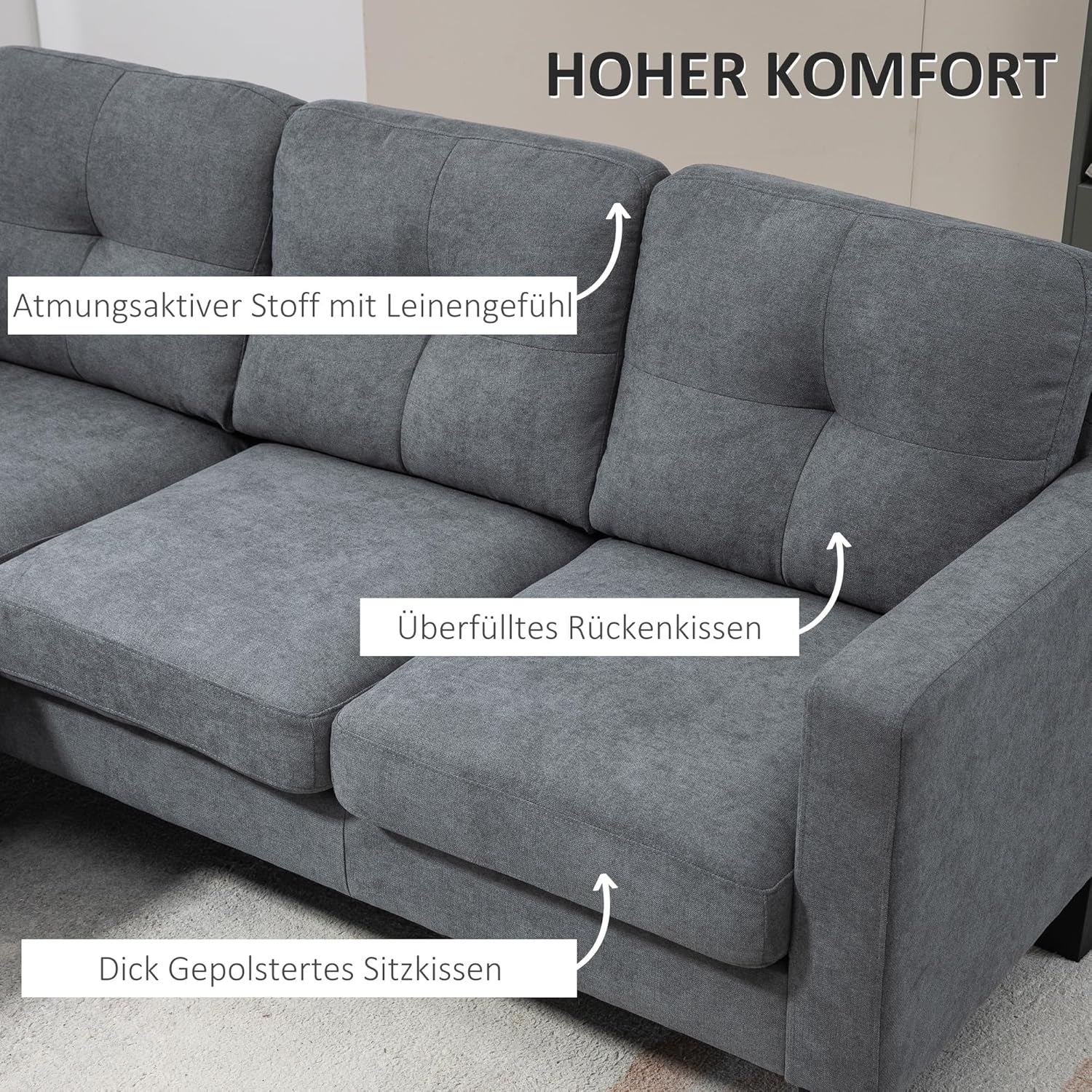 HOMCOM Ecksofa, Eck-Couch mit umkehrbarer Chaiselongue, Sofa in L-Form, Gepolstert Eckcouch mit Federkern, Stahlrahmen Leinenoptik, 186 x 130 x 84 cm, Dunkelgrau