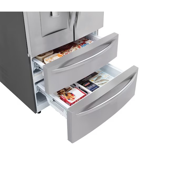 Refrigerador LG French Door de 4 portas com dispensador de água externo, capacidade de 28,6 pés cúbicos (714 litros), com máquina de gelo (aço inoxidável) e certificação ENERGY STAR.