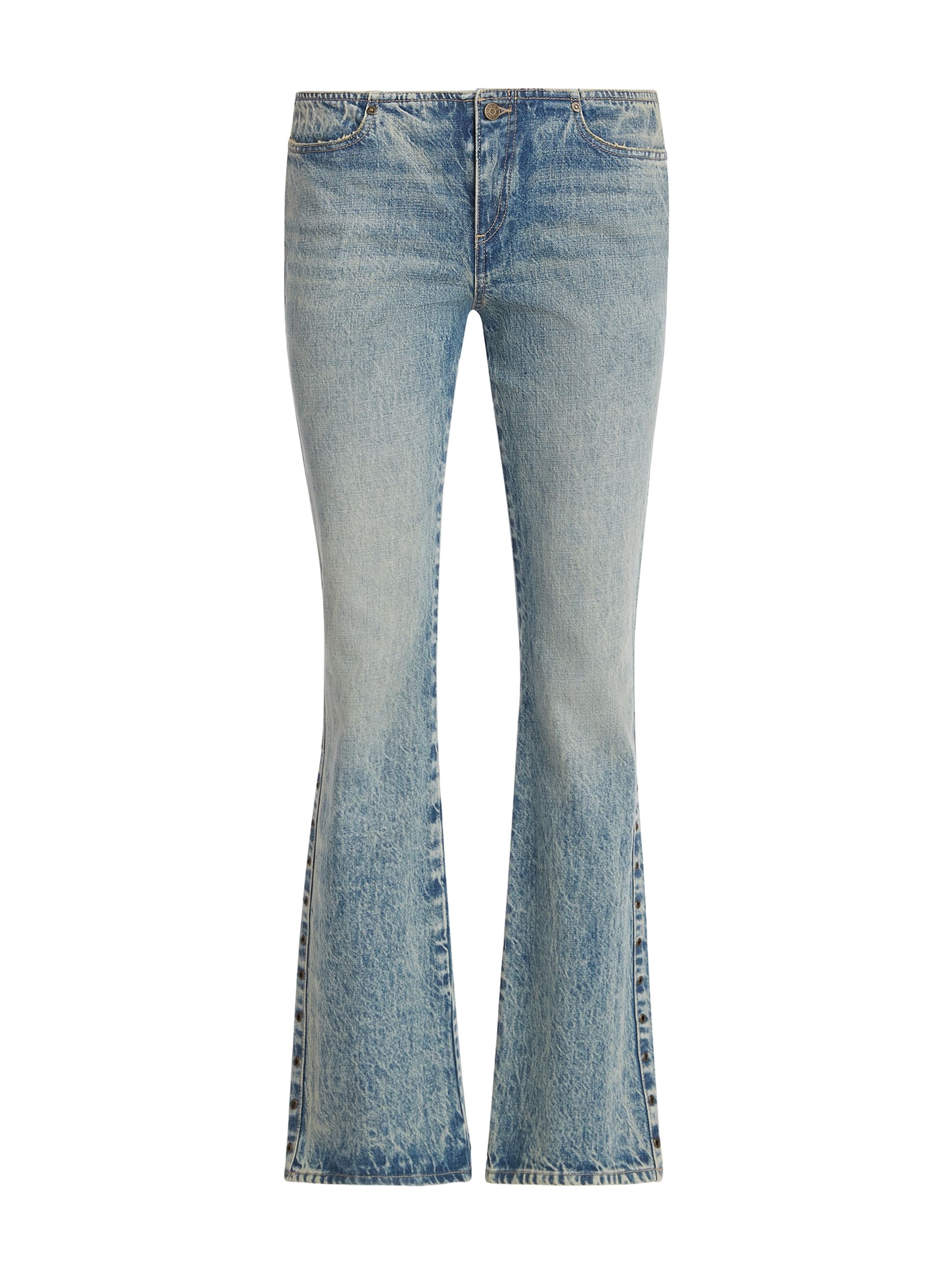calça jeans de cintura baixa com ilhós