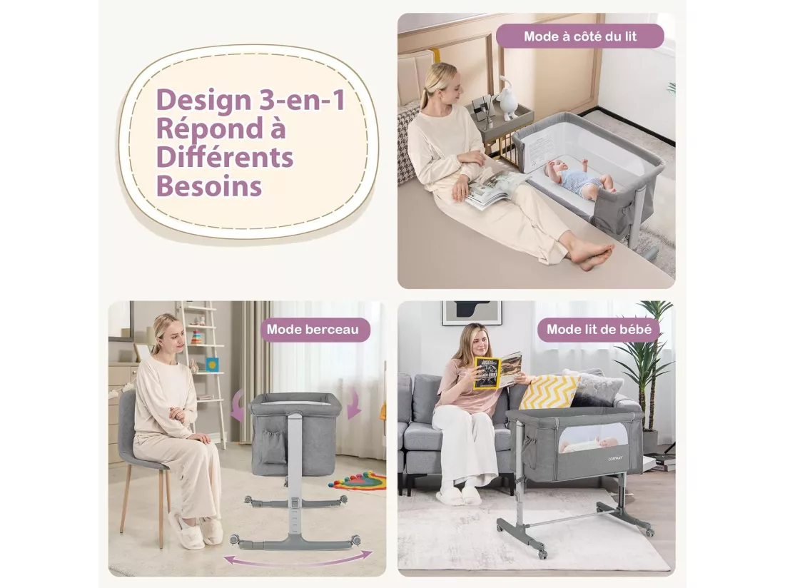 Lit Cododo Bébé 3 en 1 avec Hauteur Réglable 5 Niveaux, Lit Berceau Inclinaison de 10° avec Matelas Confortable,Maille Respirante,Charge 9KG,Sac de Voyage pour Bébé 0-5 Mois, Gris Clair