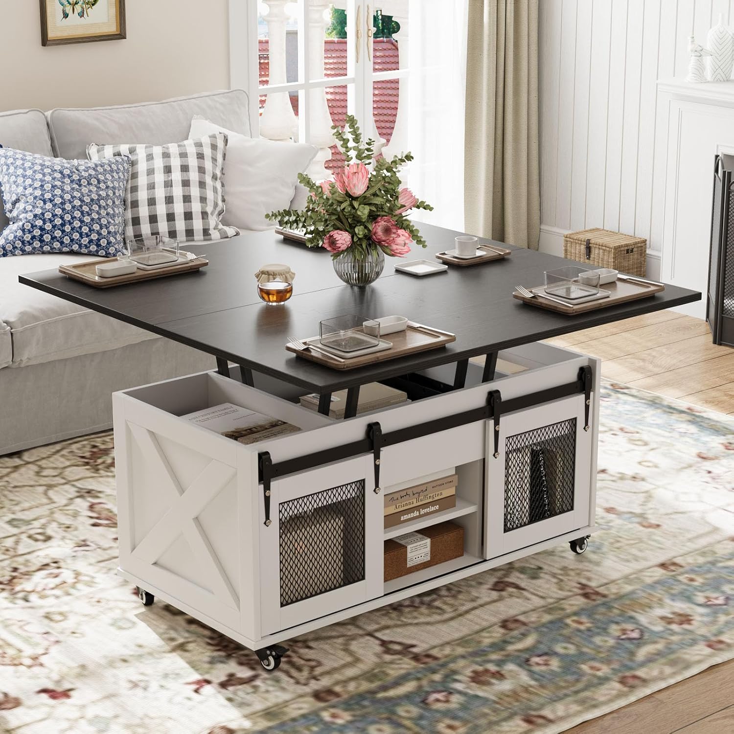 VOWNER Couchtisch Höhenverstellbar, 3-in-1-Multifunktions-Wohnzimmertisch mit mit Rollen & Versteckter Aufbewahrung, Umwandelbar in Wohnzimmer-Esstisch, Bauernhausstil (Schwarz mit Holzmaserung)