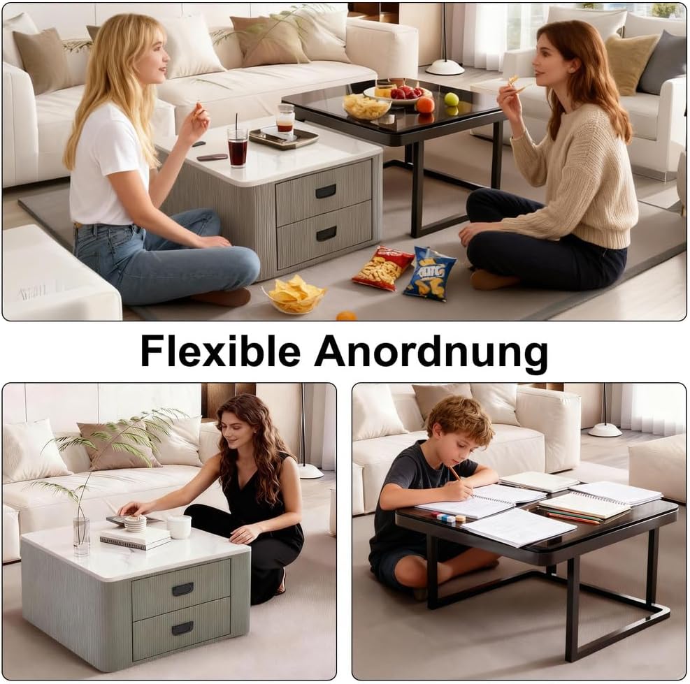 Couchtisch 2er Set, Weiße Marmor Satztisch mit Schubladen, Beistelltisch mit Metallrahmen und Glas, Platzsparender Moderne Sofatische für Schlafzimmer Wohnzimmer Balkon Wohnung,Quadratisch Grau