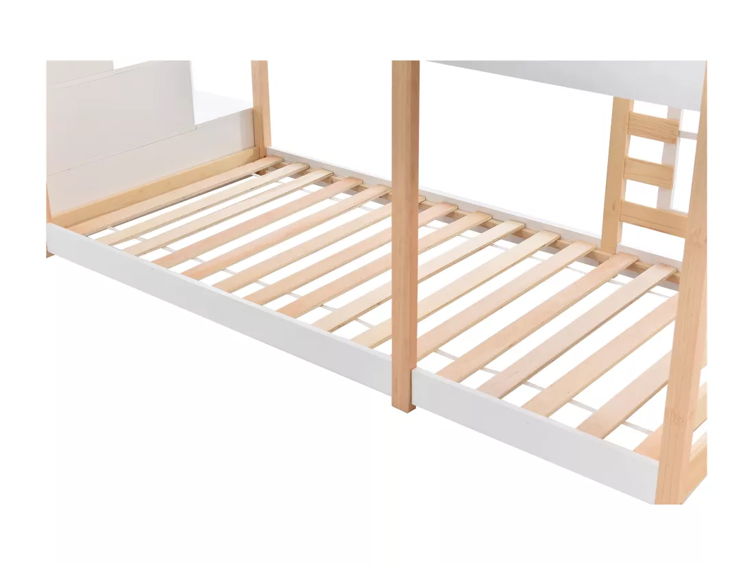 Lit superposé 90x200cm en bois massif - avec barrières anti-chutes et escalier de rangement - Naturel & Blanc