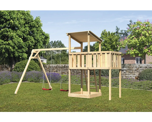Speeltoren/speelhuis Karibu Anna, 107 x 107 cm, van hout, bestaande uit 2 schommelsets en een aanbouw.