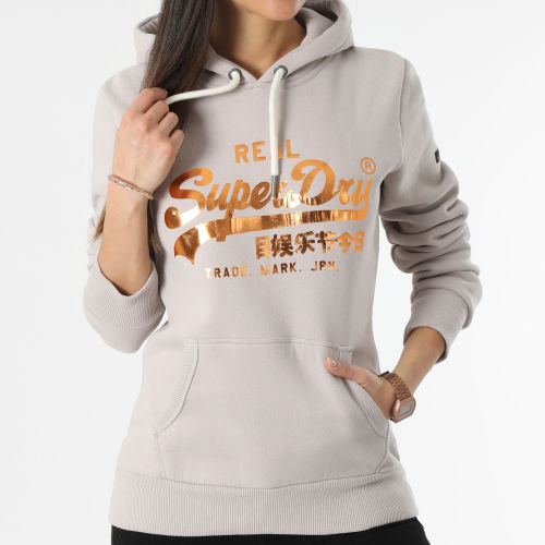 Sweat Capuche Femme Vintage Label Embellish Rose Gris