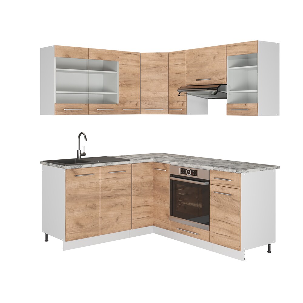 Vicco Eckküche Küchenzeile Einbauküche Fame-Line Weiß Eiche 190 cm modern Küchen Schränke Schubunterschrank Spülenunterschrank Eckunterschrank Herdumbauschrank Hängeglasschrank Hängeschrank
