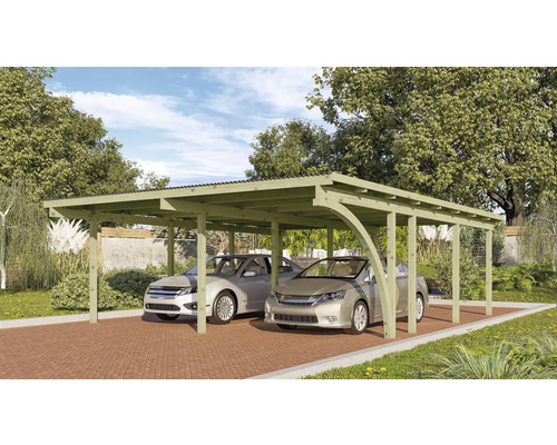 Dubbele carport Karibu Eco 2B van PVC-panelen met 1 inrijboog, zonder beslag, 527x576 cm, drukgeïmpregneerd