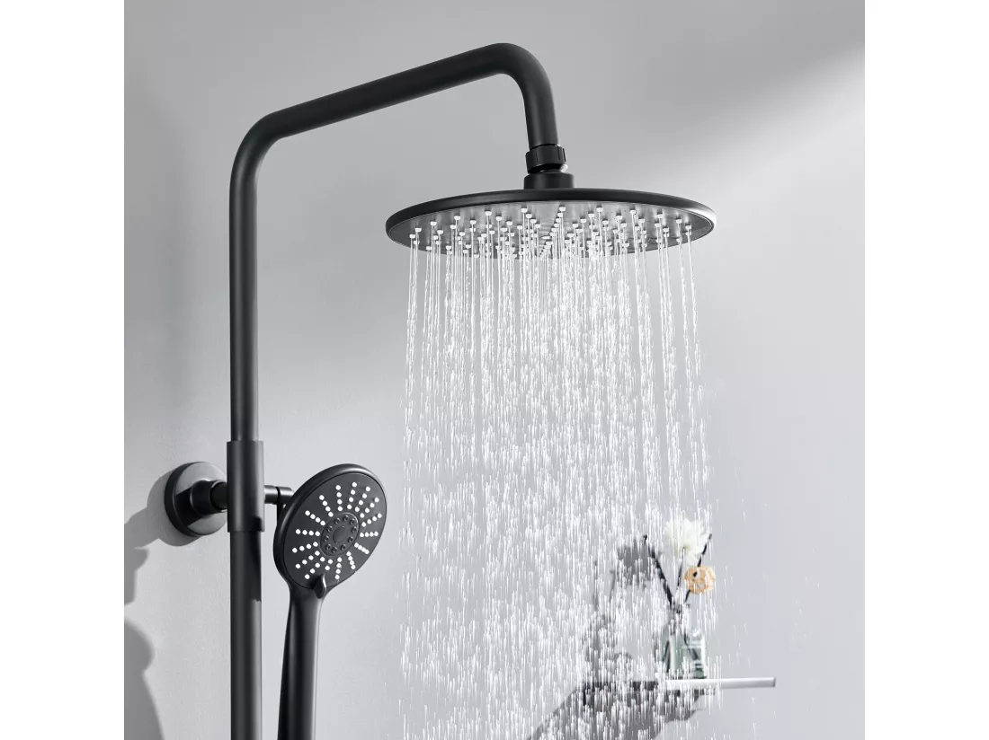 Colonne Douche Thermostatique Noir avec Mitigeur,Systeme Douche Thermostatique 38°C,Réglable Hauteur avec Douchette 3 Jets et Pluie 22.5mm