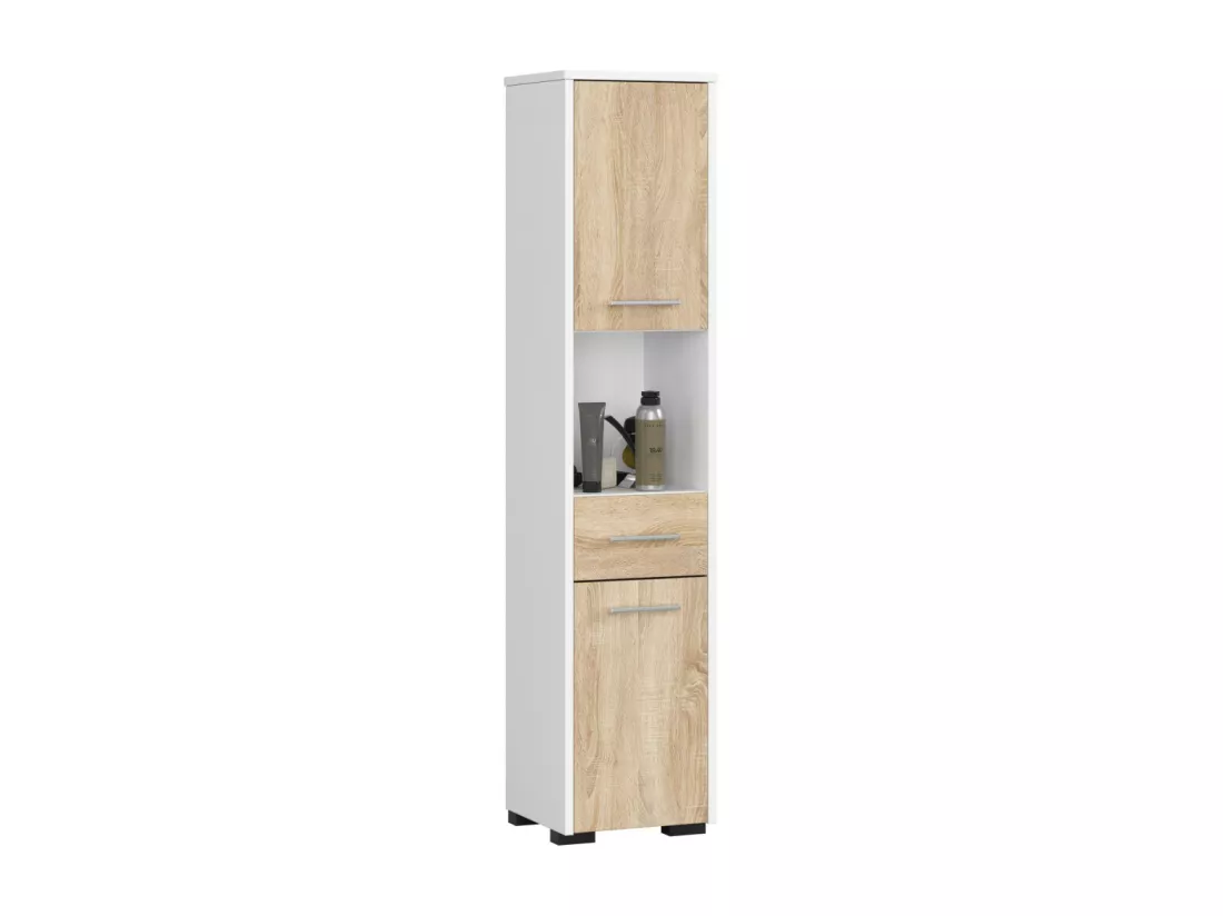 Colonne salle de bains AKORD FIN Blanche 30 cm 2 portes 1 tiroir façade Chêne Sonoma 5 étagères 30x30x140 cm