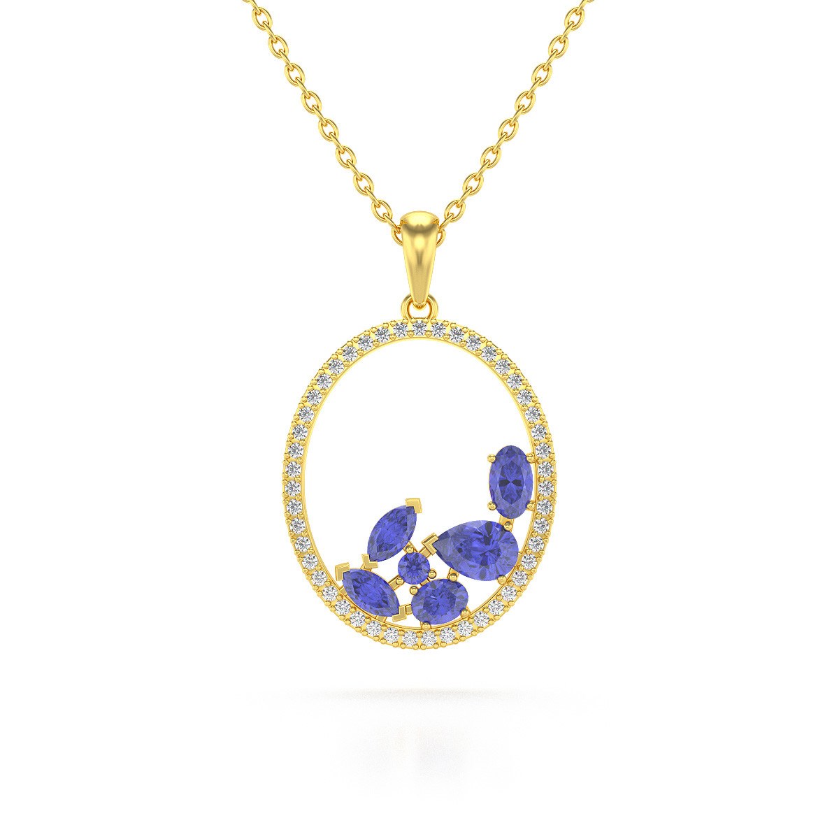 Collier Pendentif Or Jaune 750 Tanzanite et Diamants Chaine Or incluse 2.096grs