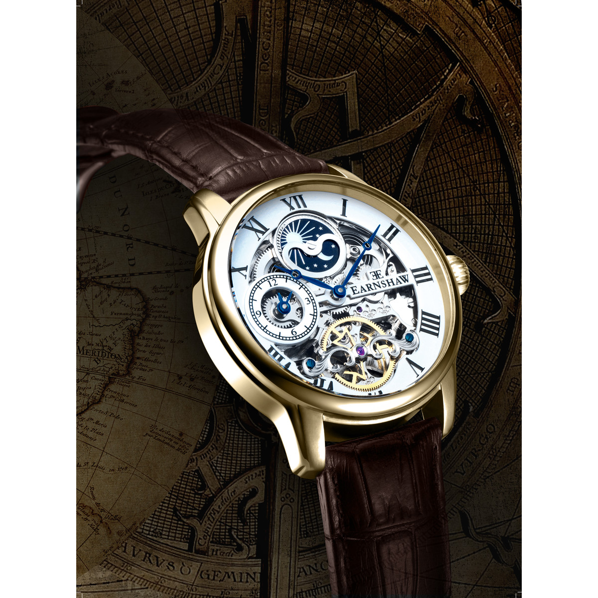 Montre EARNSHAW Longitude homme automatique acier doré bracelet cuir marron