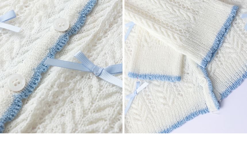 Zeedaren - Plus Size Contrast Trim Bow Pointelle Cardigan