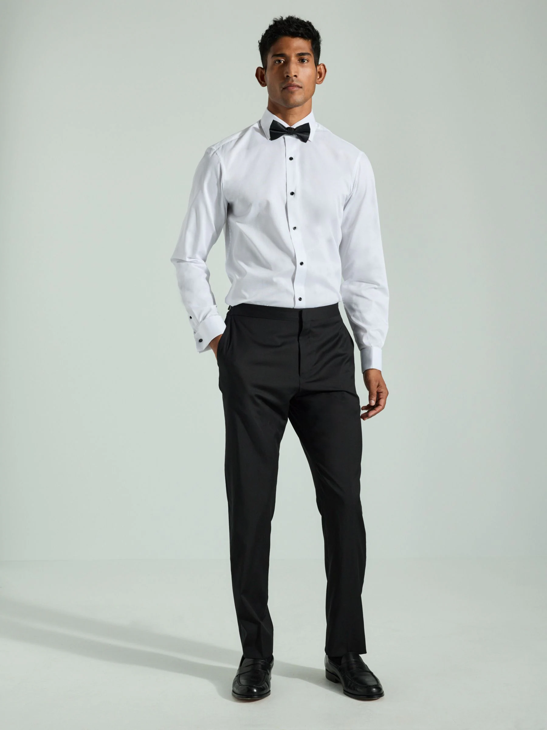 Witte structuur/zwarte vlinderdas - Regular Fit Double Cuff Shirt And Bow Tie Pack