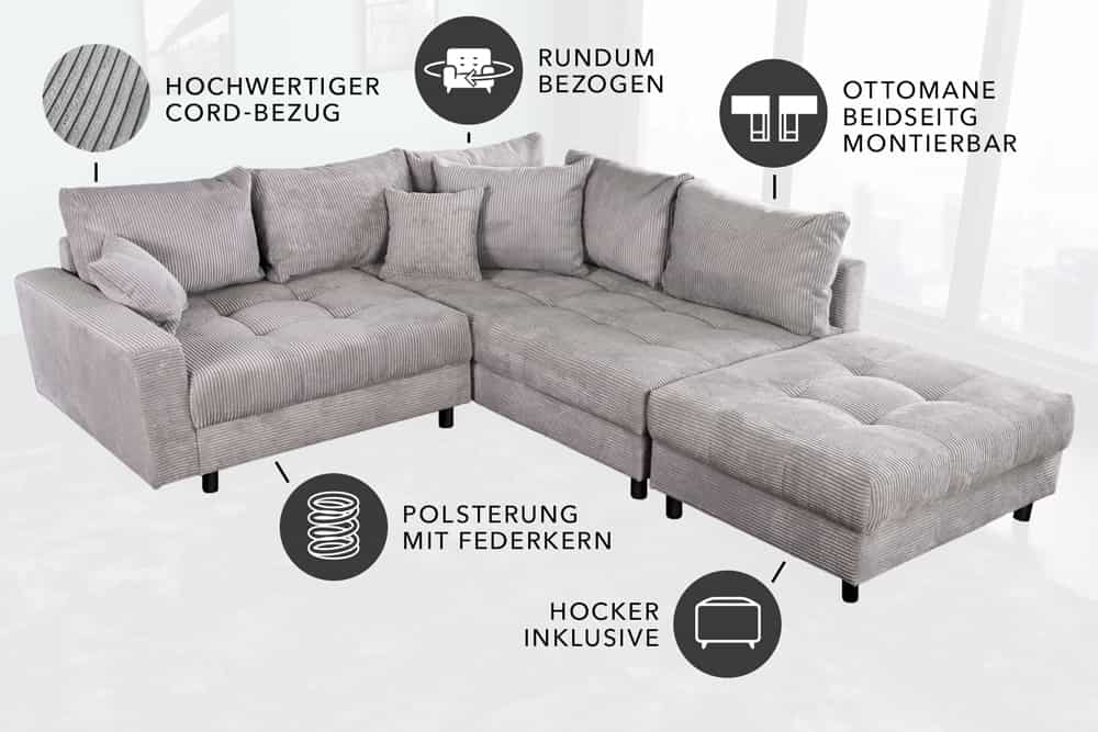 Modernes Ecksofa KENT 220cm hellgrau Cord inkl. Hocker Federkern L-Form Wohnlandschaft