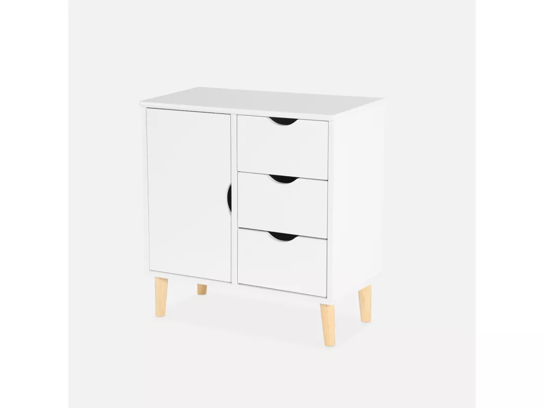 Commode enfant. 1 porte et 3 tiroirs. 2 étagères. blanc. pieds en pin