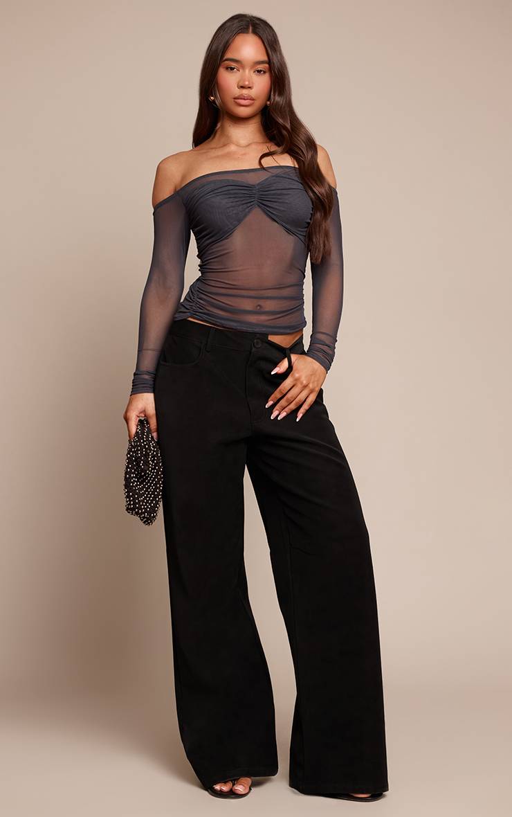 Charbon Top À Manches Longues Bardot Avec Panneau De Buste En Mesh Transparent