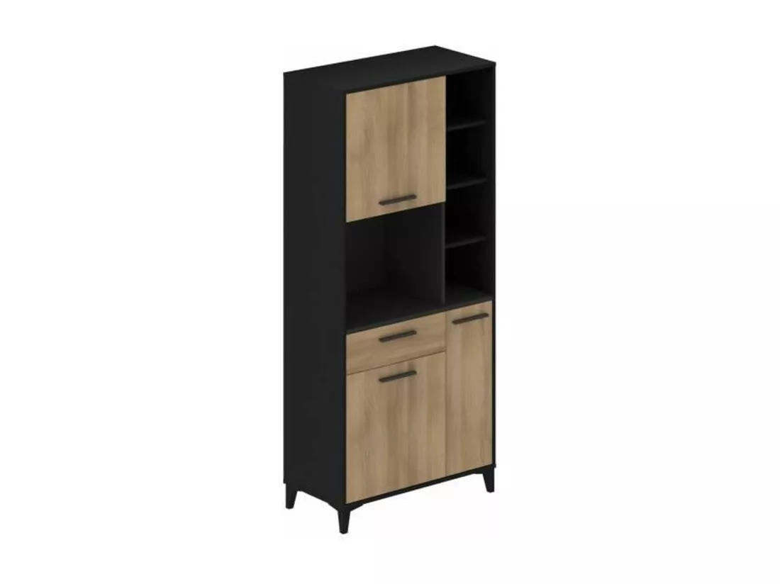 Buffet haut de cuisine - 3 portes et 1 tiroir - Mélamine chêne et noir - 80 x 40 x 178 cm