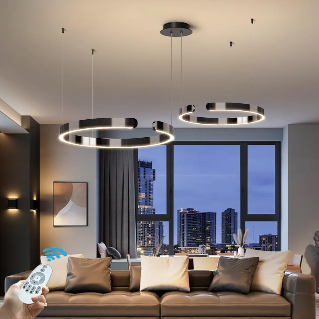 LED Hängeleuchte Dimmbar Moderne Ring Esszimmer-Pendelleuchte Kreatives C Design Hängelampe Höhenverstellbar Pendellampe Für Esstisch,Wohnzimmer,Schlafzimmer(Schwarz,2 rings/60+40CM/65W)