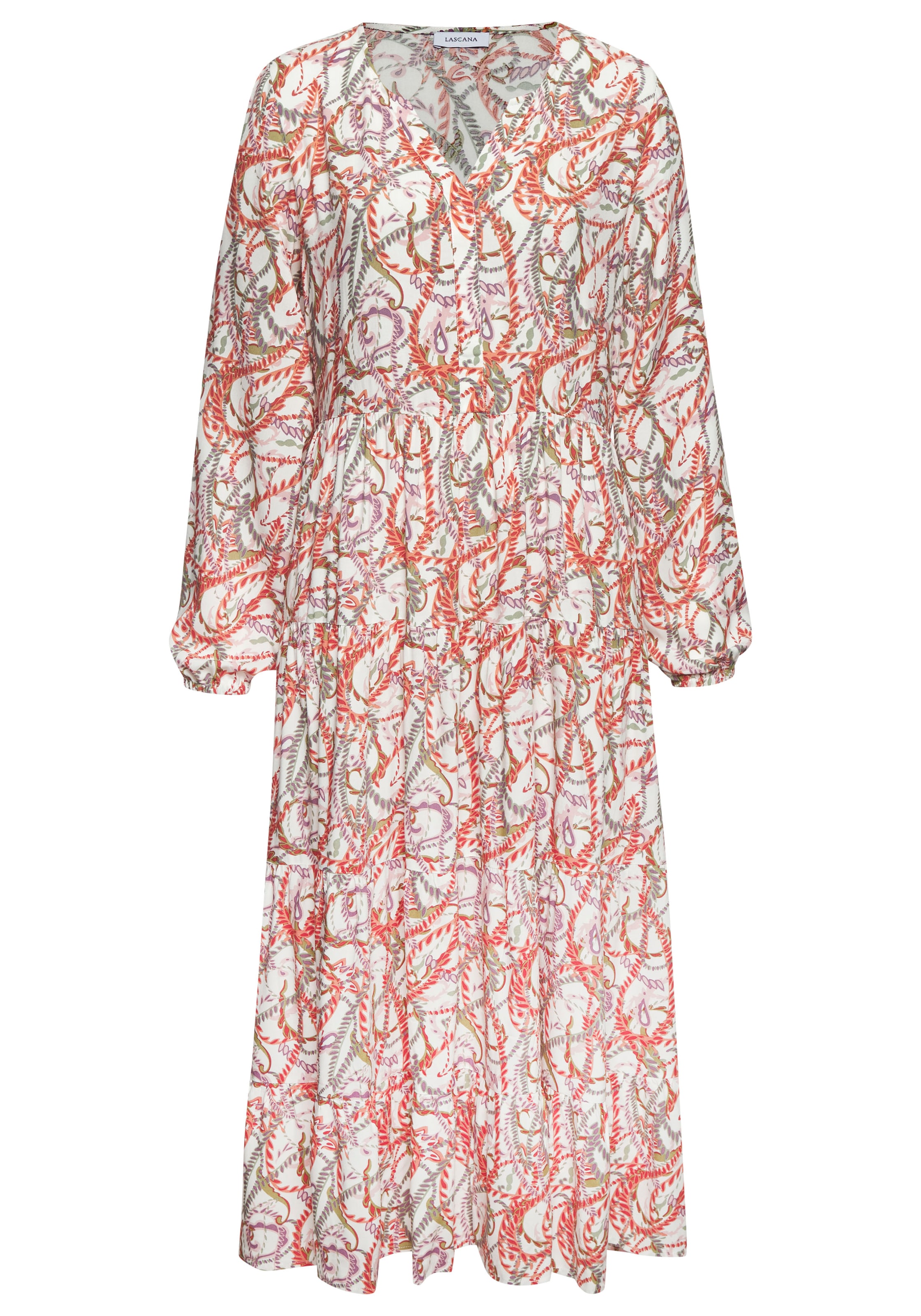 LASCANA Maxikleid mit Alloverprint und Volants, langärmlig, Druckkleid, casual-chic