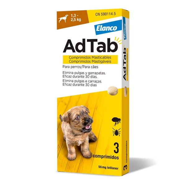 AdTab Comprimido Mastigável contra Pulgas e Carraças para Cães de 1.3 a 2.5Kg 3 Comprimidos