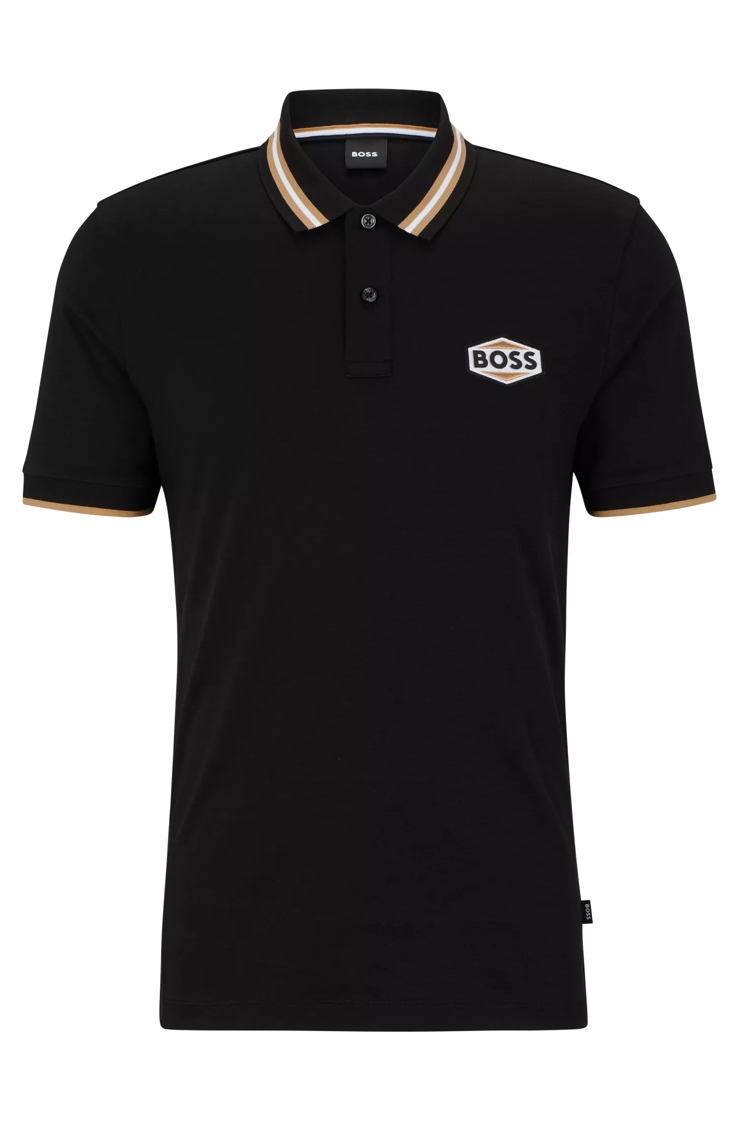 Camisa polo BOSS preta em algodão mercerizado com emblema da marca.