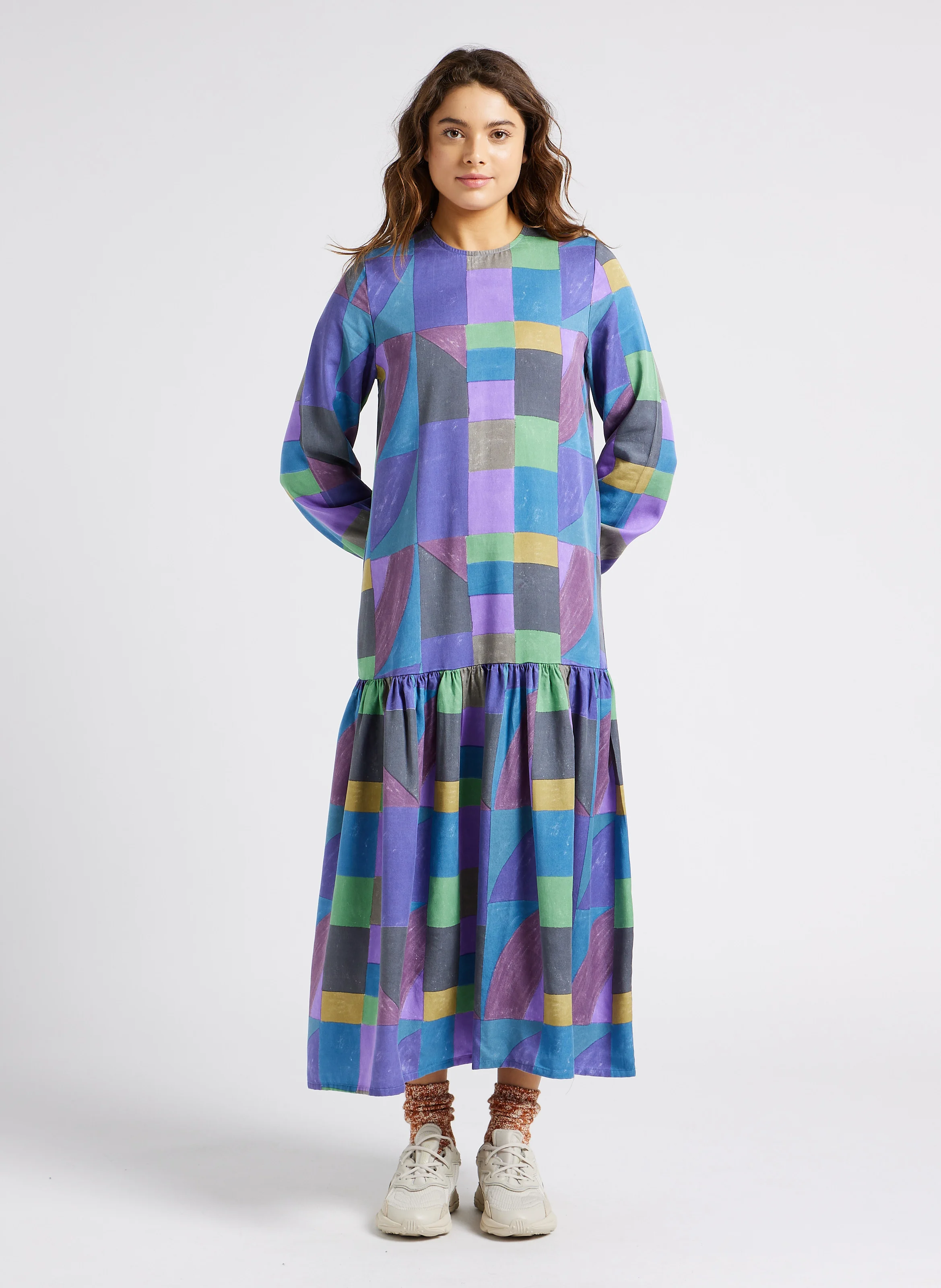 Robe longue col claudine à carreaux| Multicolore
