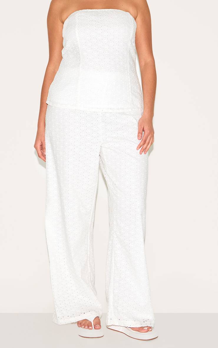 Blanc Pantalon Grande Taille Taille Mi-haute En Lin Brodé Coordonné
