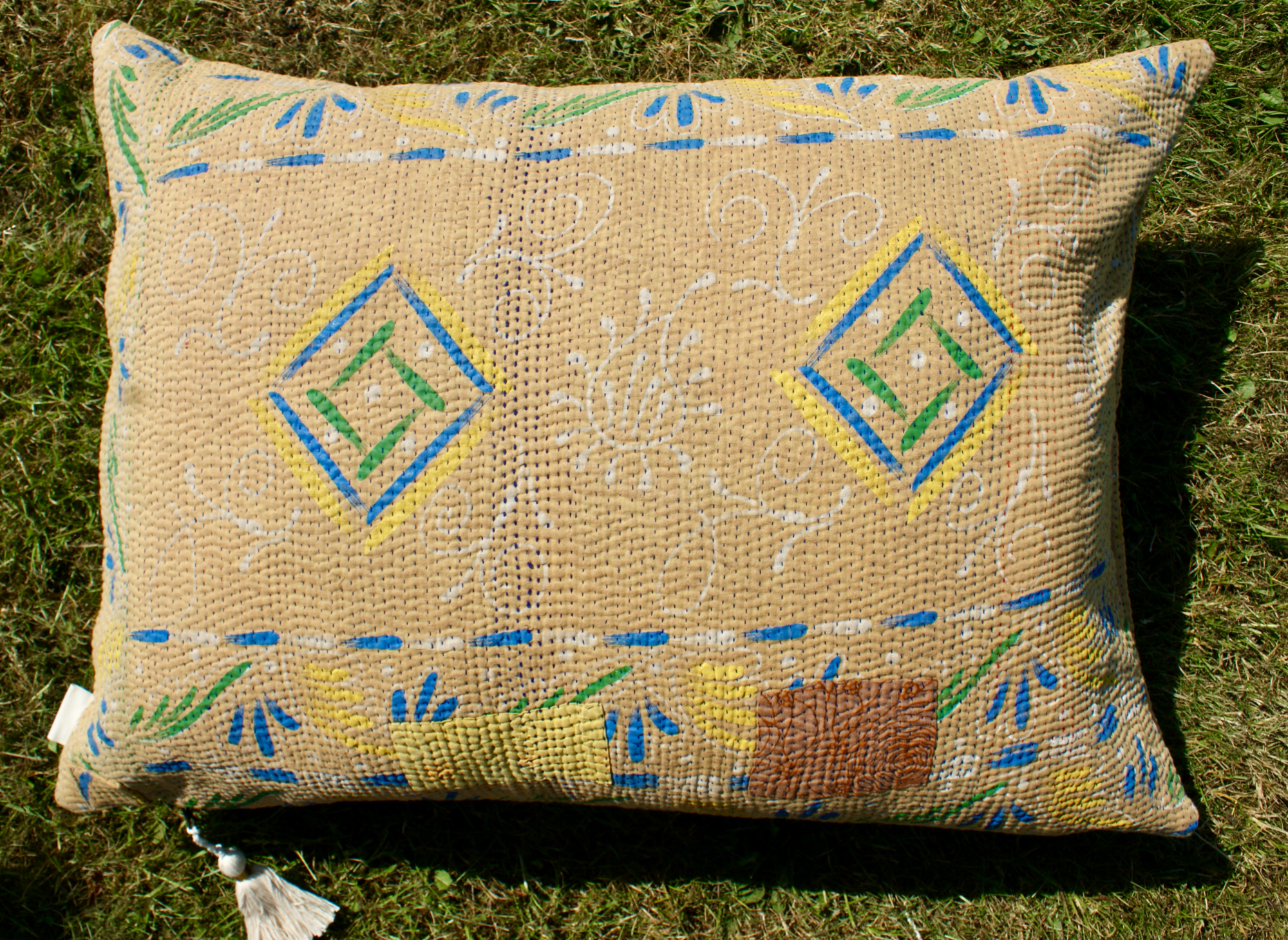 Kussen Kantha vintage 50x70 cm lightbrown blue