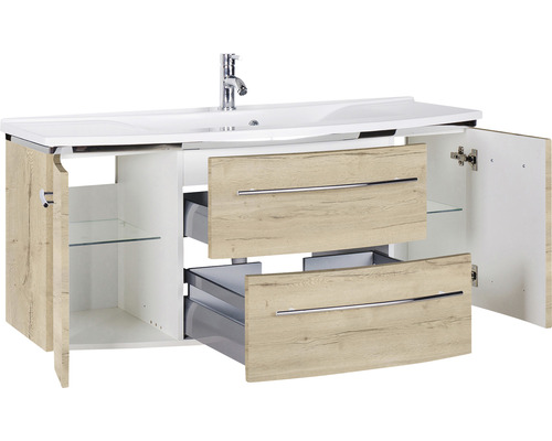 Badkamermeubelset Marlin 3040, frontkleur eiken wit houtdecor, 2-delig met wastafel in mineraalmarmer wit, BxHxD 122 x 90 x 48 cm