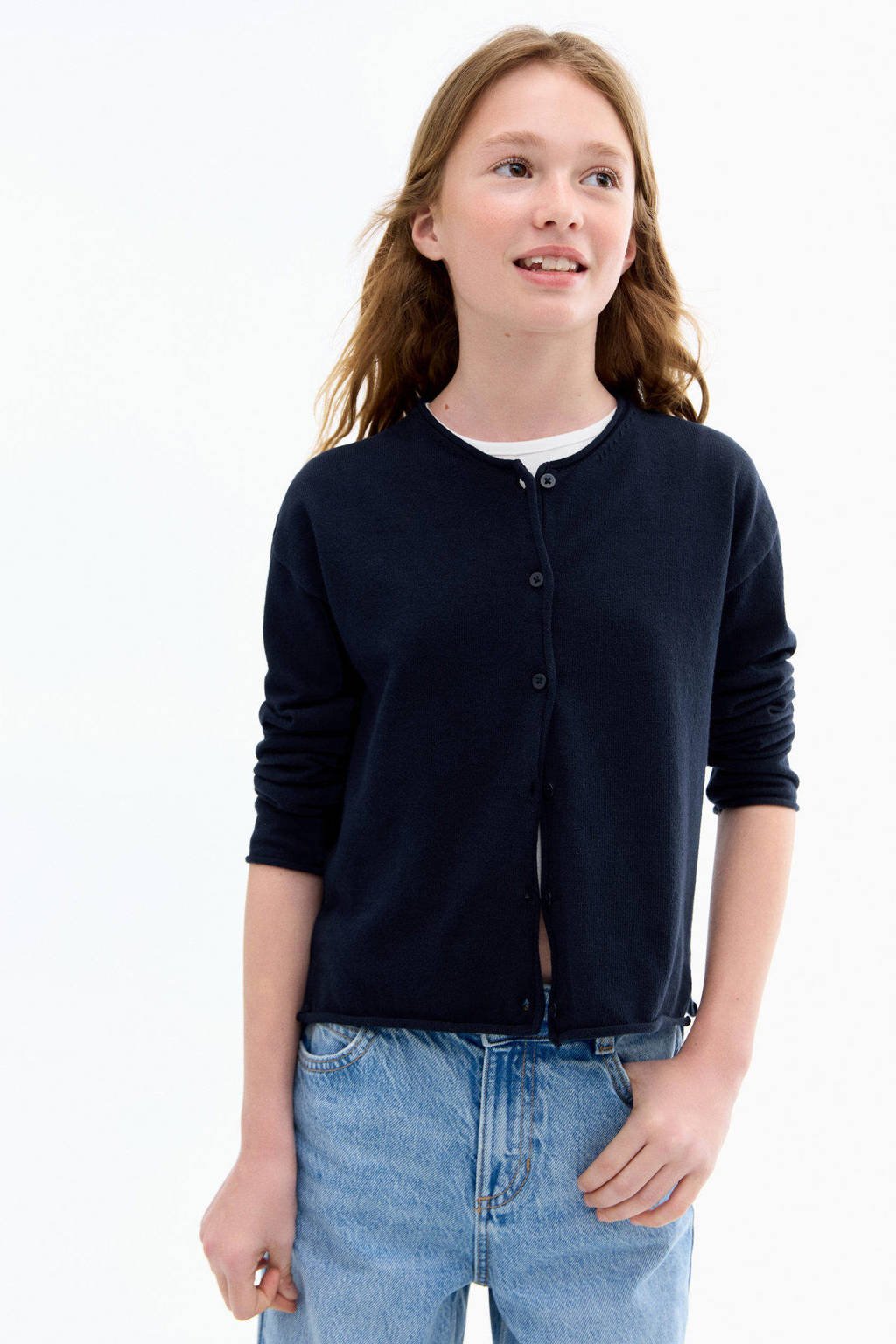 Mango Kids vest donkerblauw fijn gebreid