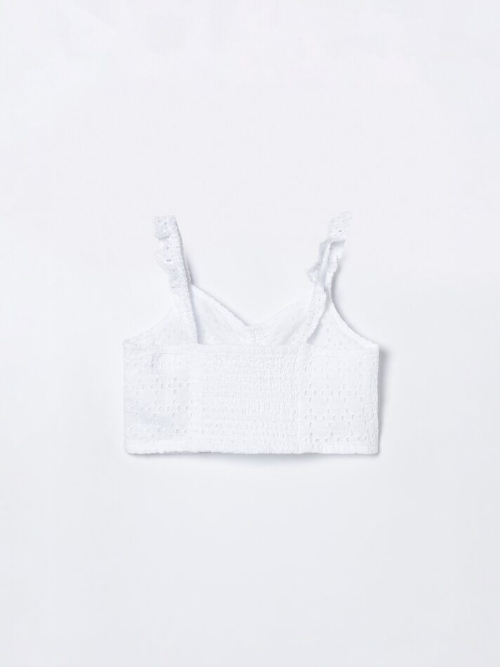 Blusa bordada suíça com babados - Branco-creme