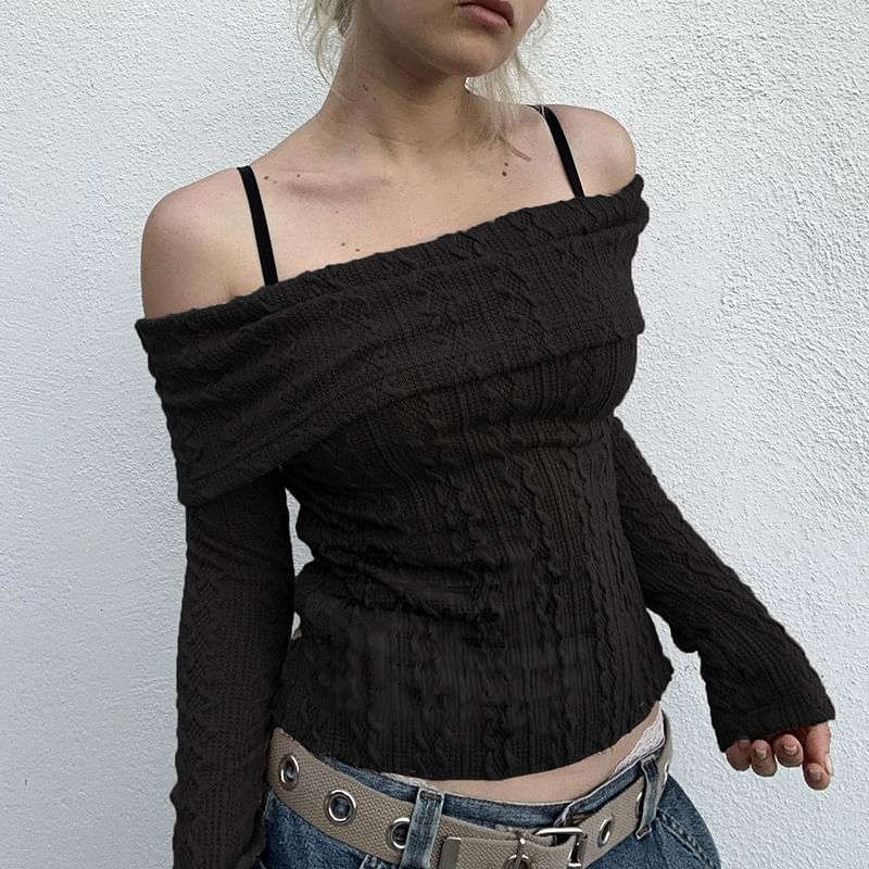 Sosana - Lange mouwen off-shoulder effen kabelgebreide crop trui