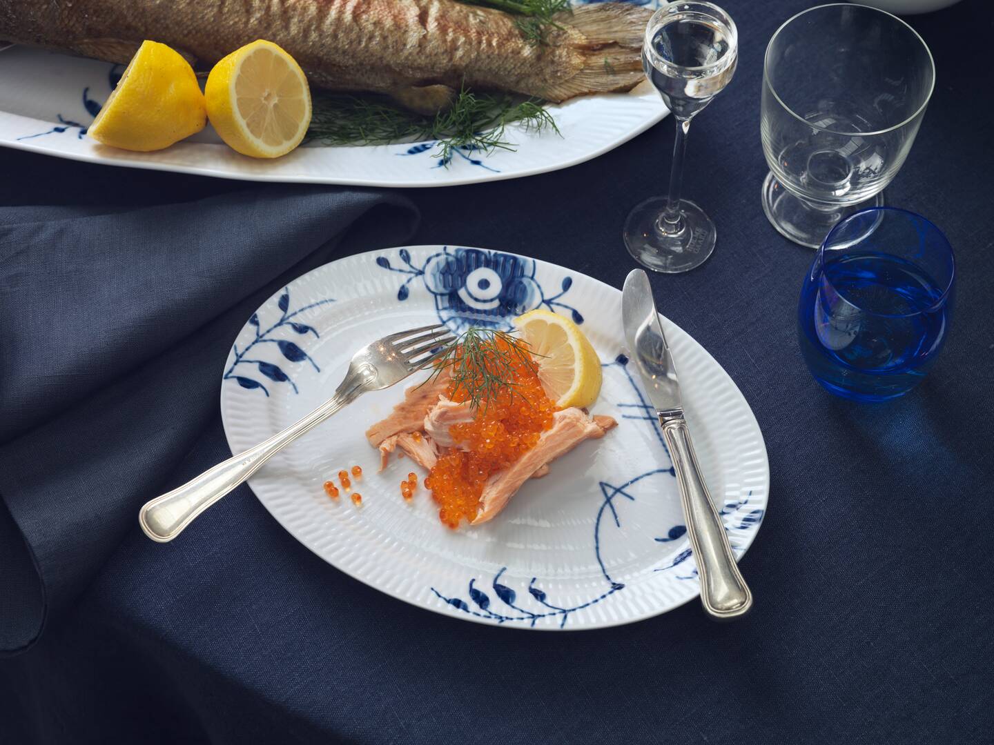 Royal Copenhagen  Blå Mega Riflet oval tallerken - Ø28 cm