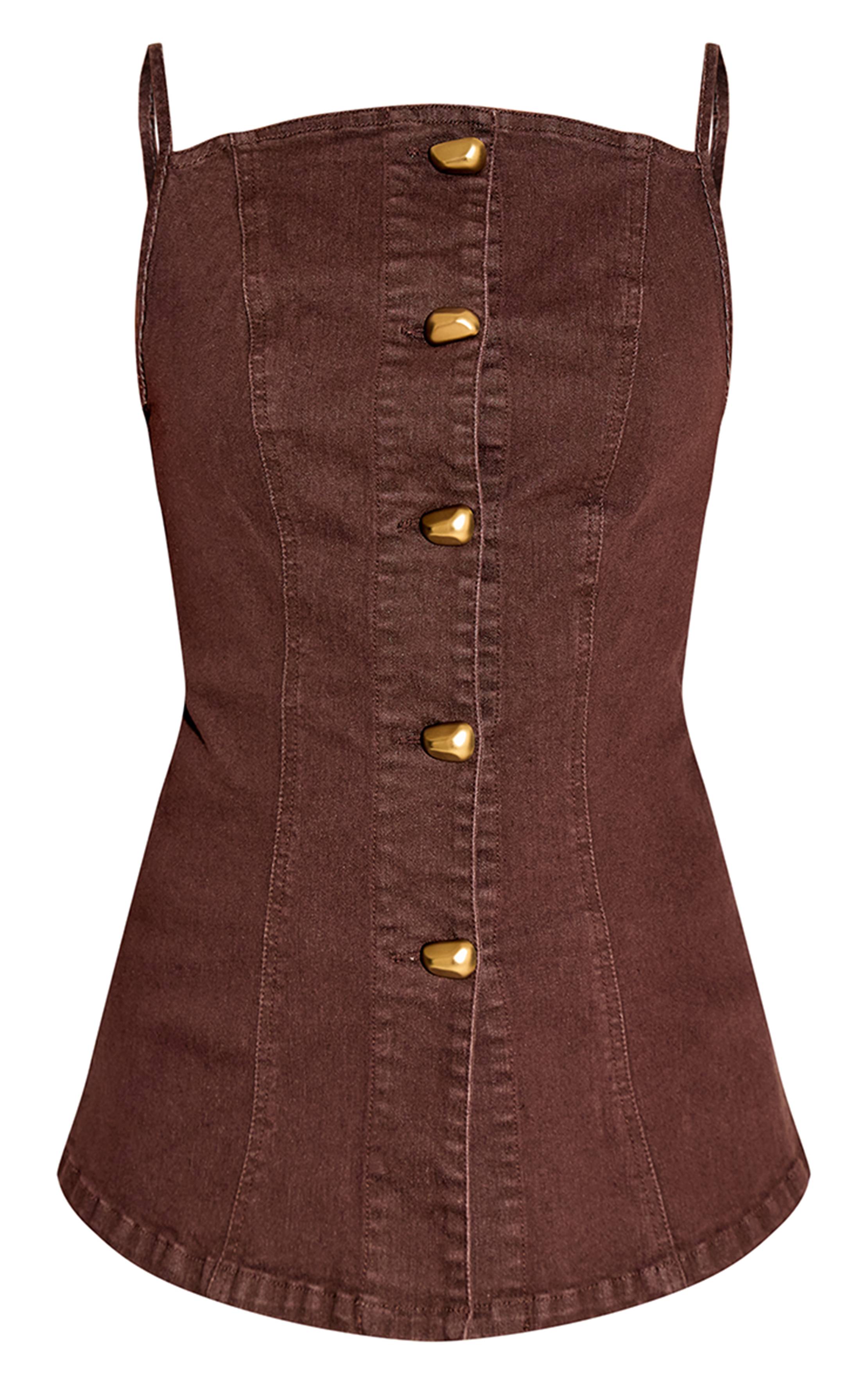 Chocolat Top Caraco En Denim À Détails De Coutures Et Boutons Dorés