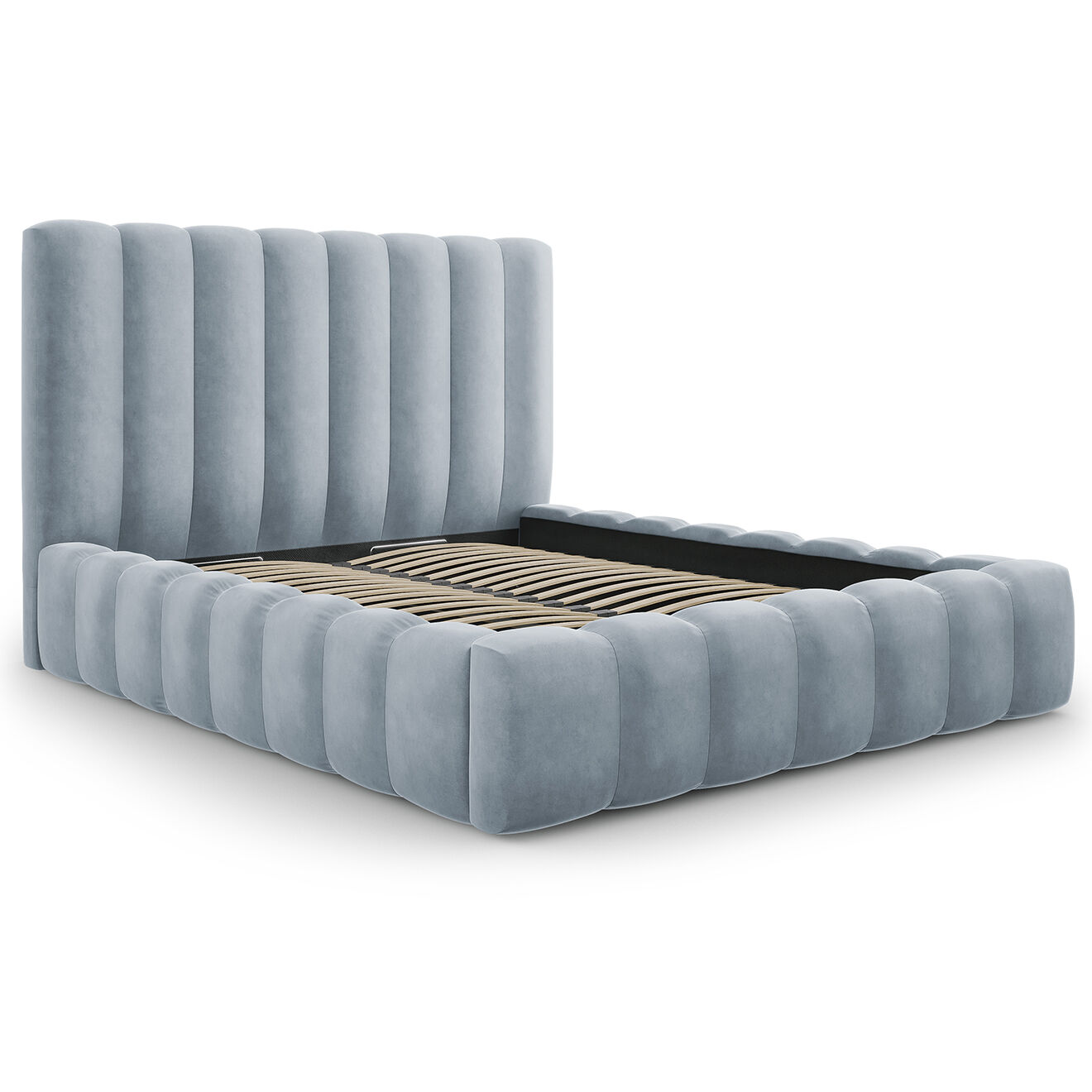 Milo Casa Lit Coffre en Velours avec Tête de Lit Gina bleu clair - 180x200 cm