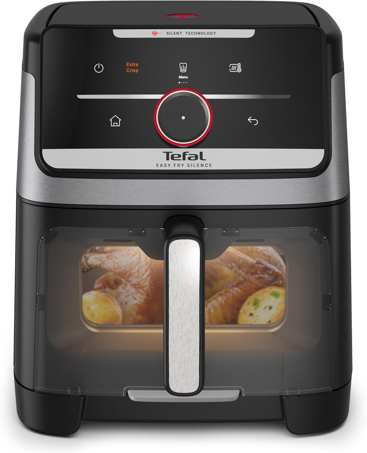 Tefal Easy Fry Silence Heißluftfritteuse, 7 L Fassungsvermögen, Silent-Technologie, Smart Assist System, bis zu 8 Portionen, abnehmbare Front mit Sichtfenster, Schwarz, EY876DE0