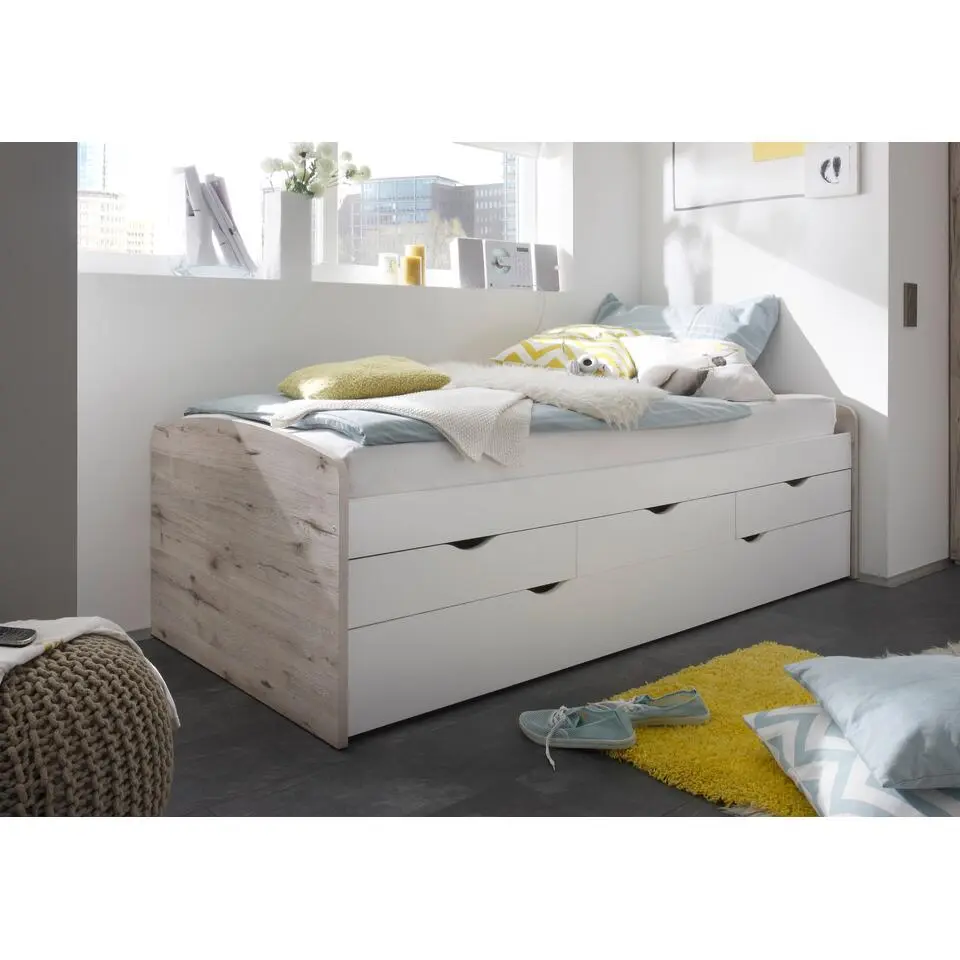 Kajuitbed Nasri 90x200 met bedlade - zandeik/wit