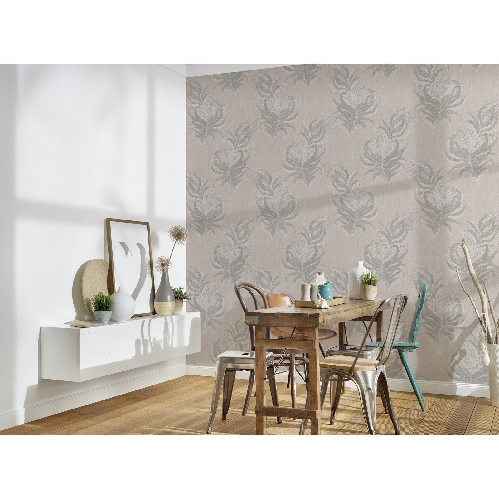 Vliestapete - creme-grau - Federn - 10 Meter