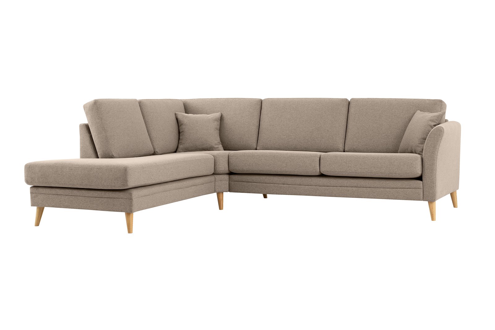 Eden hjørnesofa 2,5-seter med åpen ende venstre. Tekstil Neve 09 Cappuccino med ben i eik natur (15137).