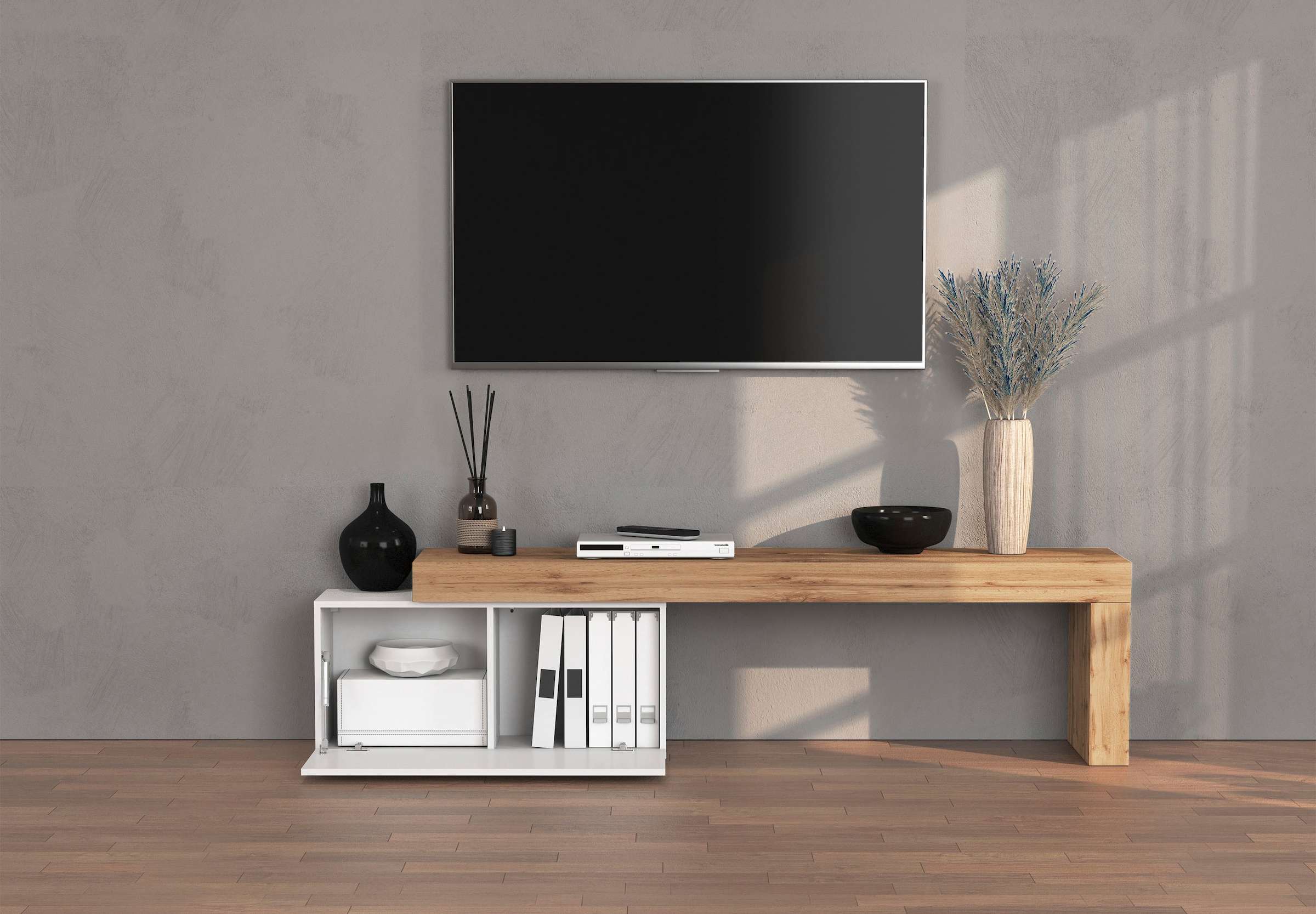 INOSIGN Lowboard »Chronos TV-Board, TV-Schrank« Breite verstellbar von 180 bis 260 cm, 1 Stk. tlg. Breite 220 cm TV-Board,Lowboard,1 Klappe und ein L-Förmiger Aufsatz