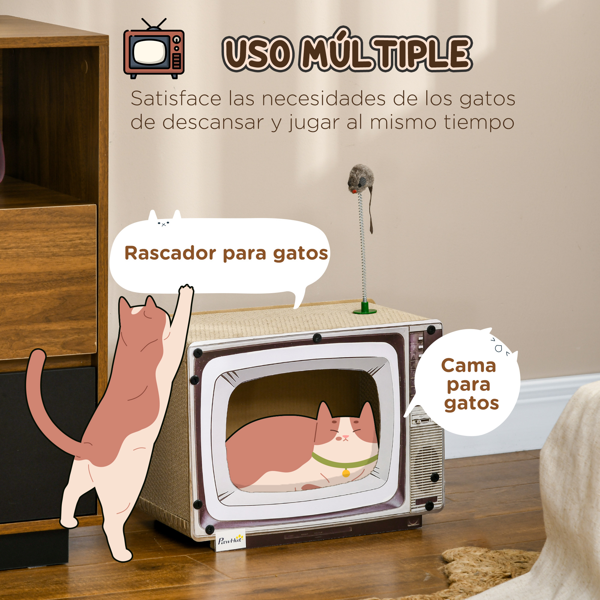 Arranhador de papelão para gatos PawHut, em formato de TV, com ratinho de brinquedo, centro de atividades para animais de estimação, 43 x 23 x 23,5 cm, cor areia.