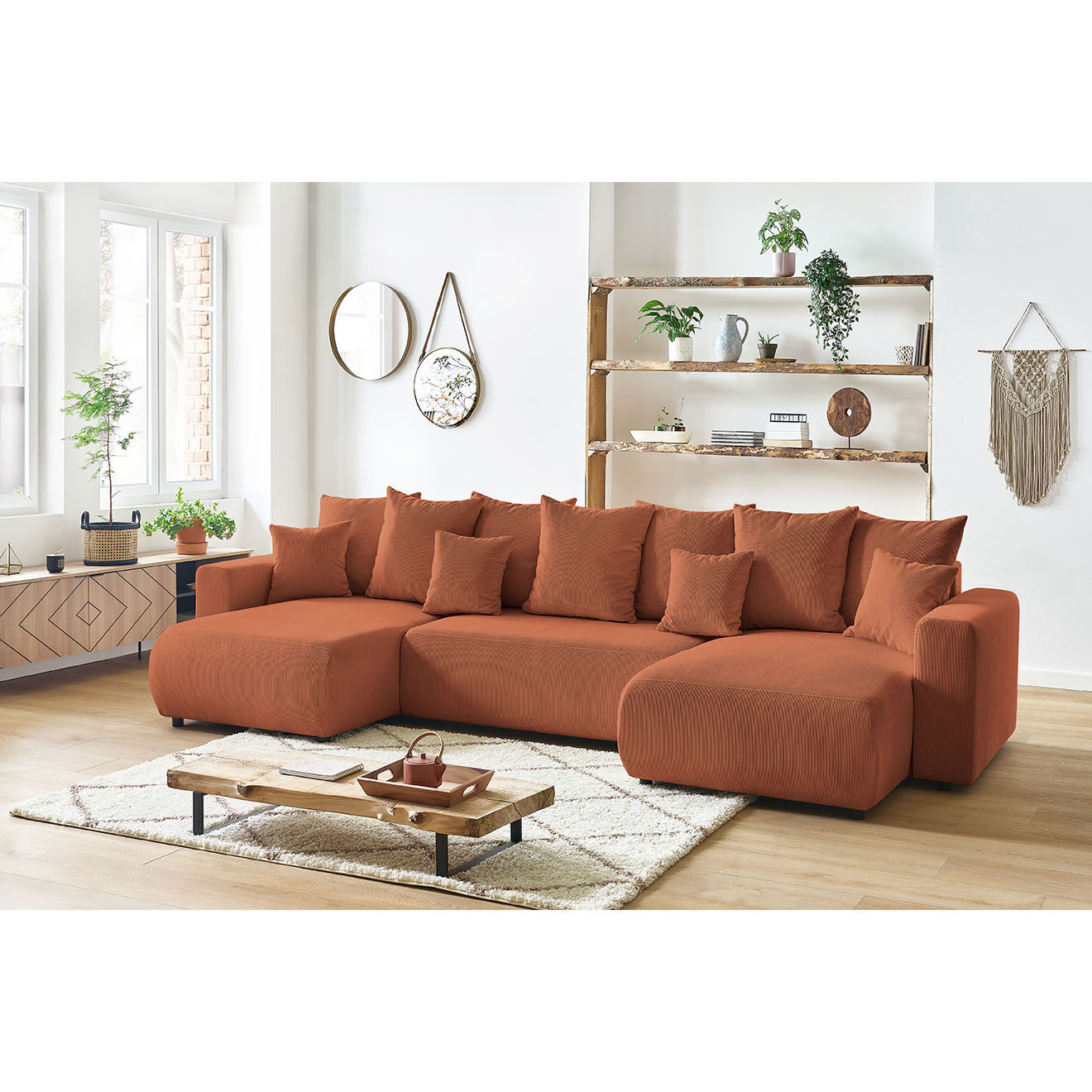 Bobochic Canapé panoramique convertible coffre velours côtelé envy orange - 386x153x95 cm