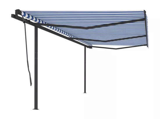 Auvent manuel rétractable avec poteaux 6x3,5 m Bleu et blanc