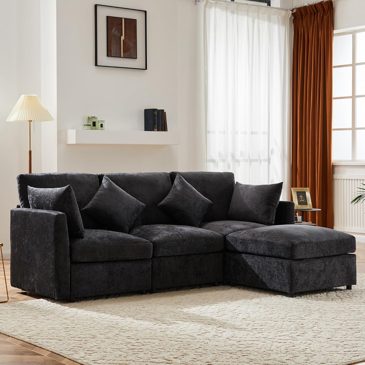 Merax Ecksofa L-Form Modulares 3-Sitzer Sofa mit umwandelbarem Fußhocker, Chenille-Stoff, Premium Komfort, Raumsparend & Wandelbar,Grau
