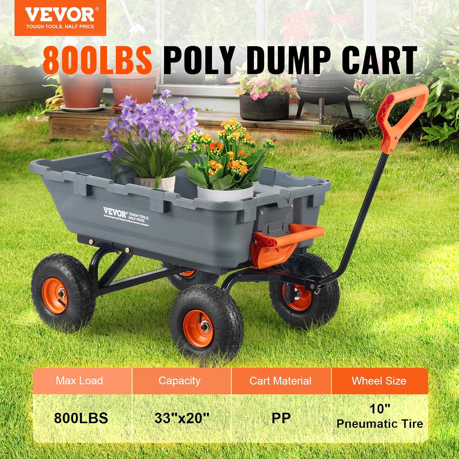 VEVOR Chariot à Benne basculante, capacité de Charge 363 kg​, Chariot de Jardin en polyéthylène Robuste avec Cadre en Acier, poignée Convertible 2 en 1, Roues 255 mm, brouette Utilitaire pour pelouse : Commerce, Industrie et Science