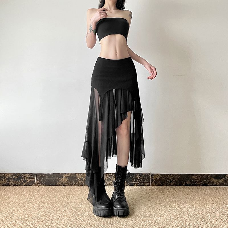 Sugarcoat - A-lijn rok met effen, asymmetrische panelen en mesh, middelhoge taille