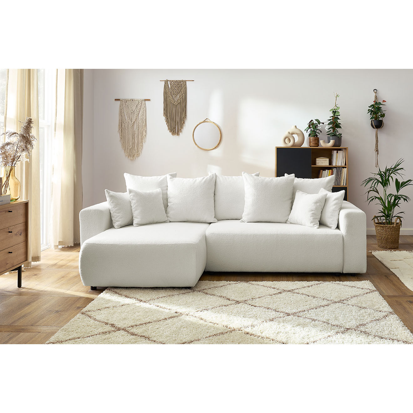 Bobochic Canapé d'angle convertible reversible bouclette Envy blanc - 282x153x95 cm