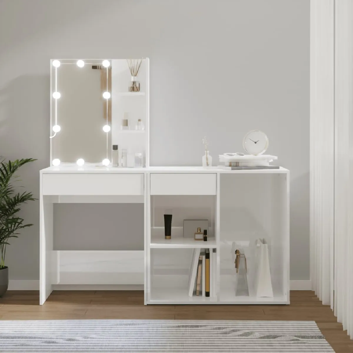 vidaXL Coiffeuse LED avec Armoire - Blanc Brillant